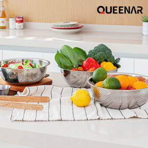 37. [QUEENAR] 퀸나 스테인레스 믹싱볼 3종 세트 (믹싱볼28cm+쌀함박26cm+채반24cm)