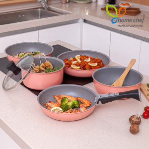 22. [homechef] 홈셰프 IH 파르페 핑크 매직핸즈 7종 세트 (24,28+궁중팬26+멀티웍팬22+냄비20+유리뚜껑20+멀티핸들)